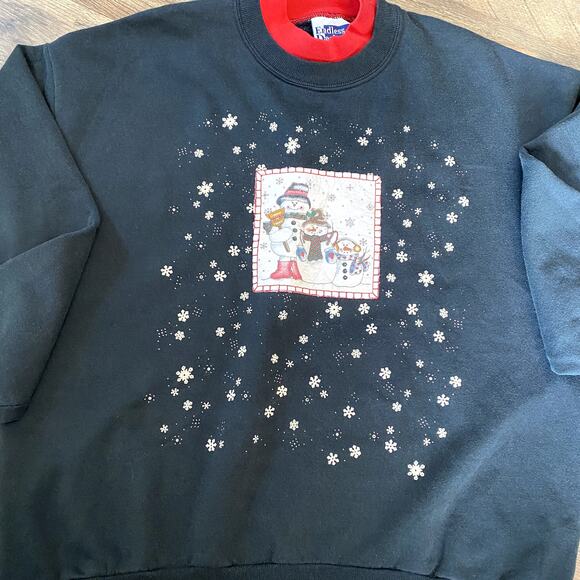 Vintage 90's Grandmacore Women's Black Snowman Winter Patchwork Sweatshirt XL - Picture 9 of 10